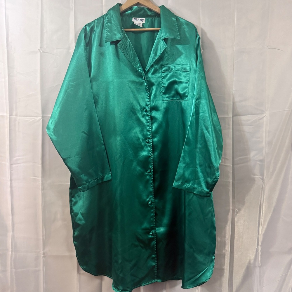 Blair Emerald Green Satin Nightshirt Button Front Long Sleeve Sleepwear 2XL
